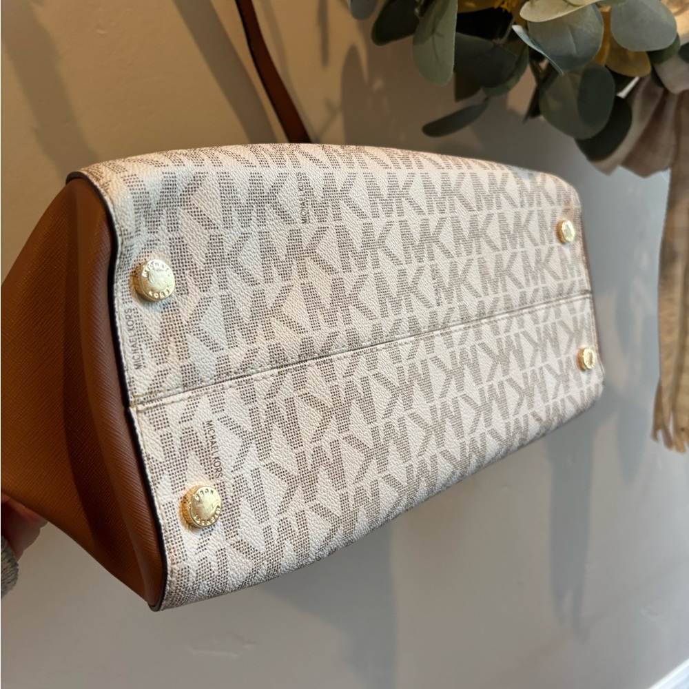 Michael Kors Brown & White MK Logo Satchel with Gold Accent - Picture 3 of 4